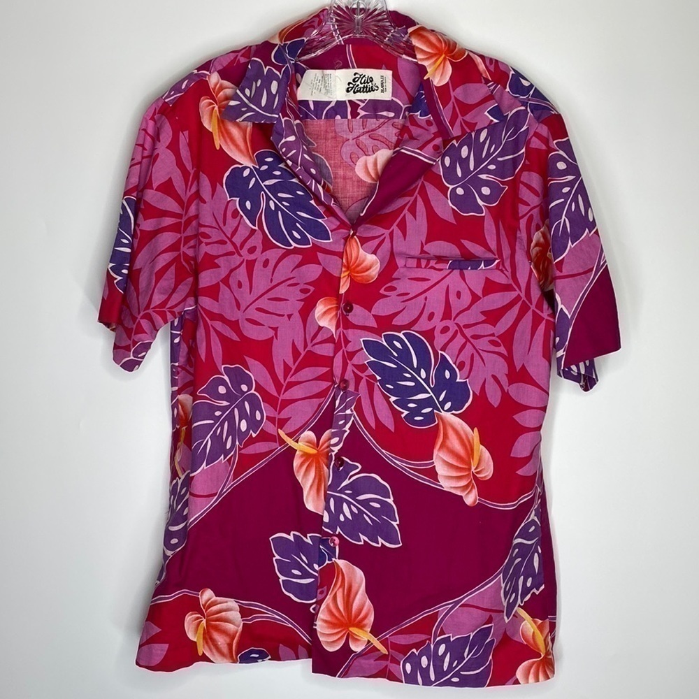 Vintage Hilo Hattie's Pink Purple Button Up Short Sleeve Shirt Size Large